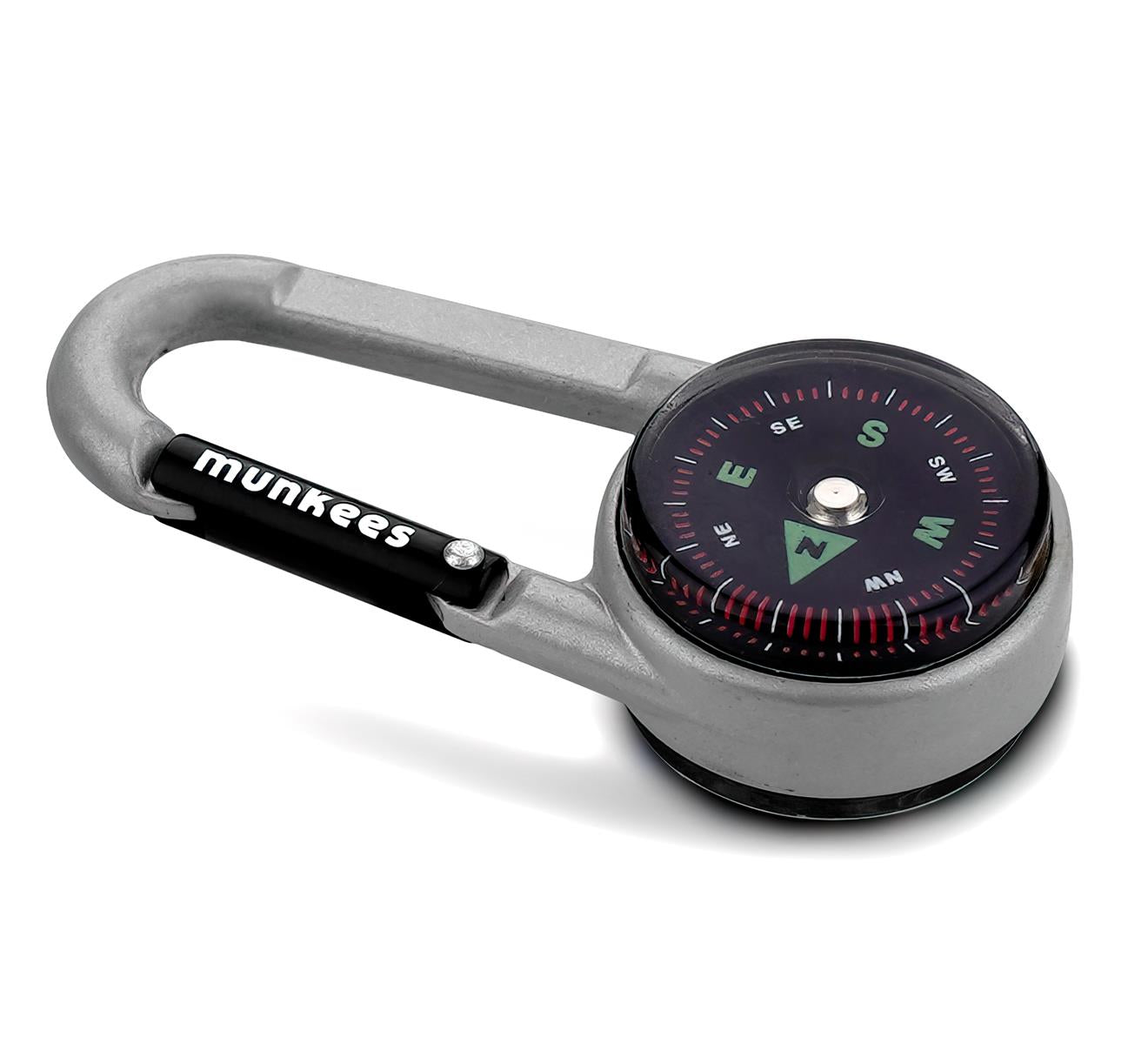 Munkees Kompass-Karabiner silber – Detailansicht Thermometer und Karabinerhaken
