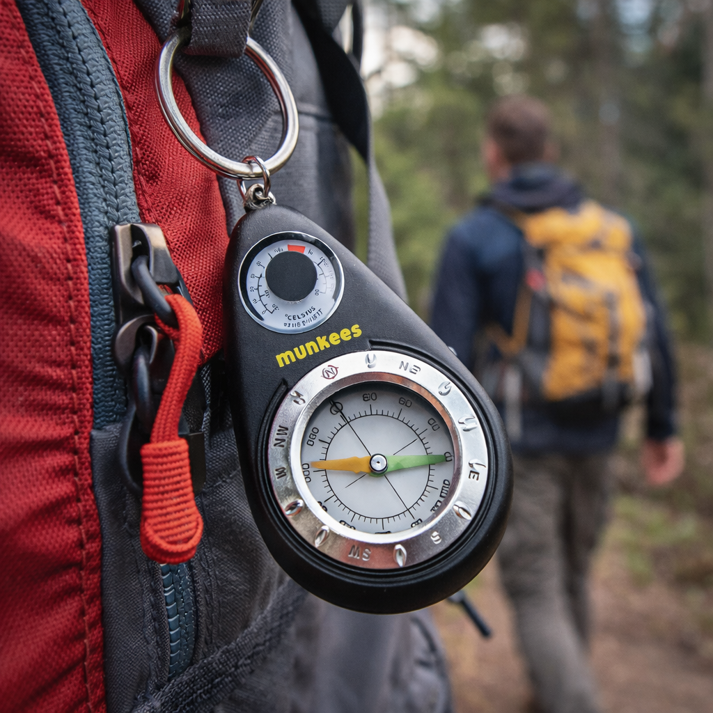 Munkees Kompass-Schlüsselanhänger mit Thermometer an Rucksack befestigt