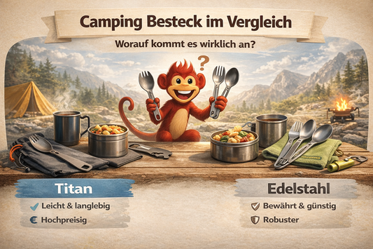 Camping Besteck Vergleich mit Munkees Maskottchen: Titan vs Edelstahl Outdoor Besteck mit Göffel, Spork und Set auf Campingtisch in Berglandschaft
