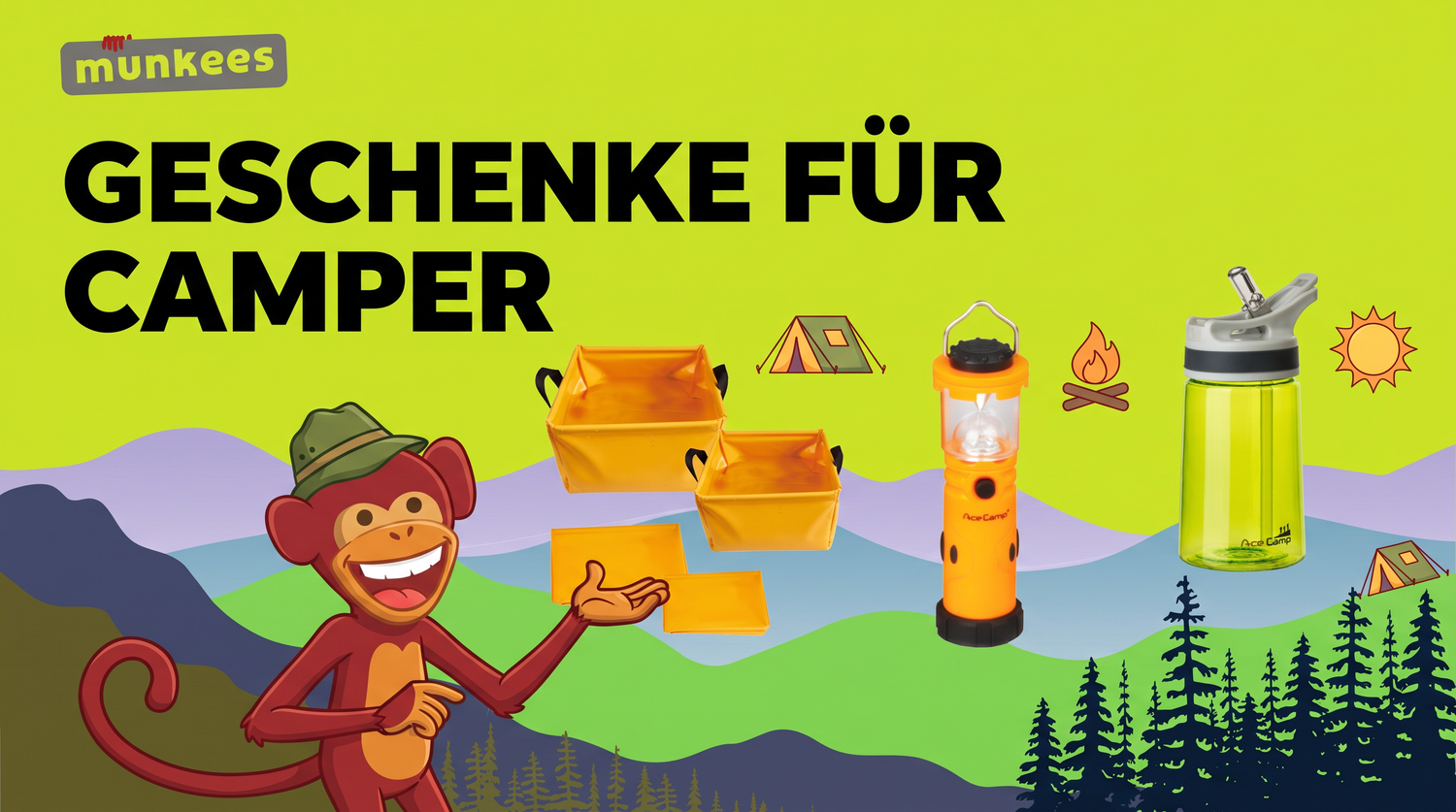 Geschenke für Camper – munkees und AceCamp Camping-Helfer: Faltschüssel, Laterne und Trinkflasche
