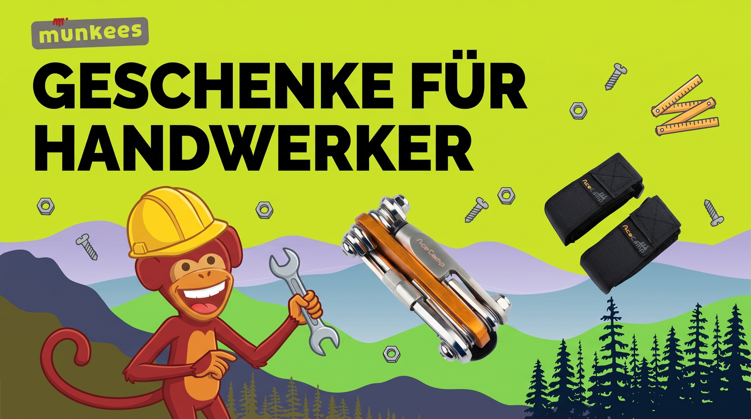 Geschenke für Handwerker – AceCamp Multitool und Klettgurte mit Werkstatt-Deko