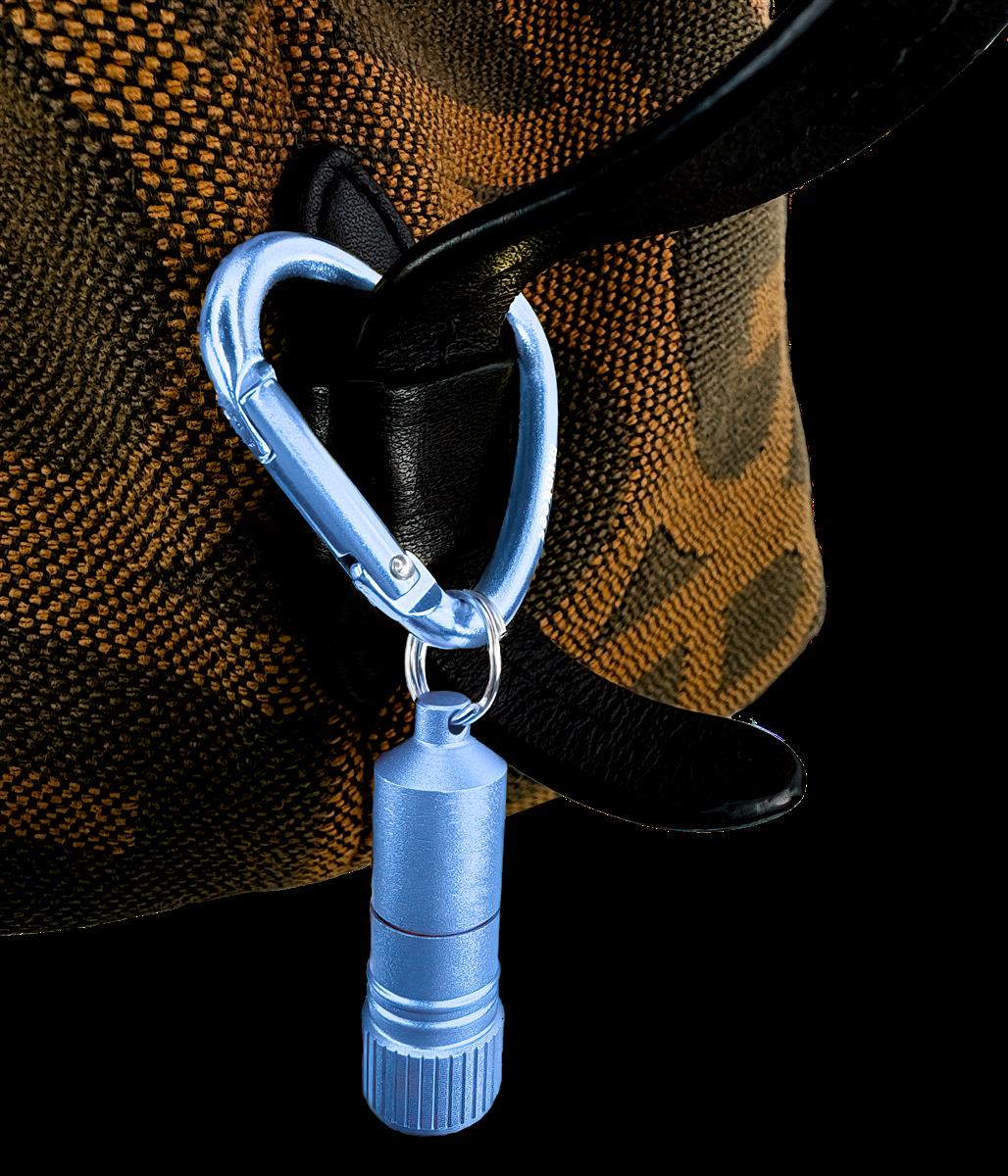 Munkees Mini LED Taschenlampe blau Karabiner geöffnet Detailansicht
