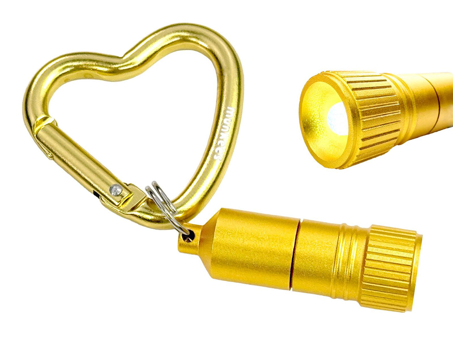 Goldener Herz-Karabiner der Munkees Mini LED Taschenlampe Nahaufnahme
