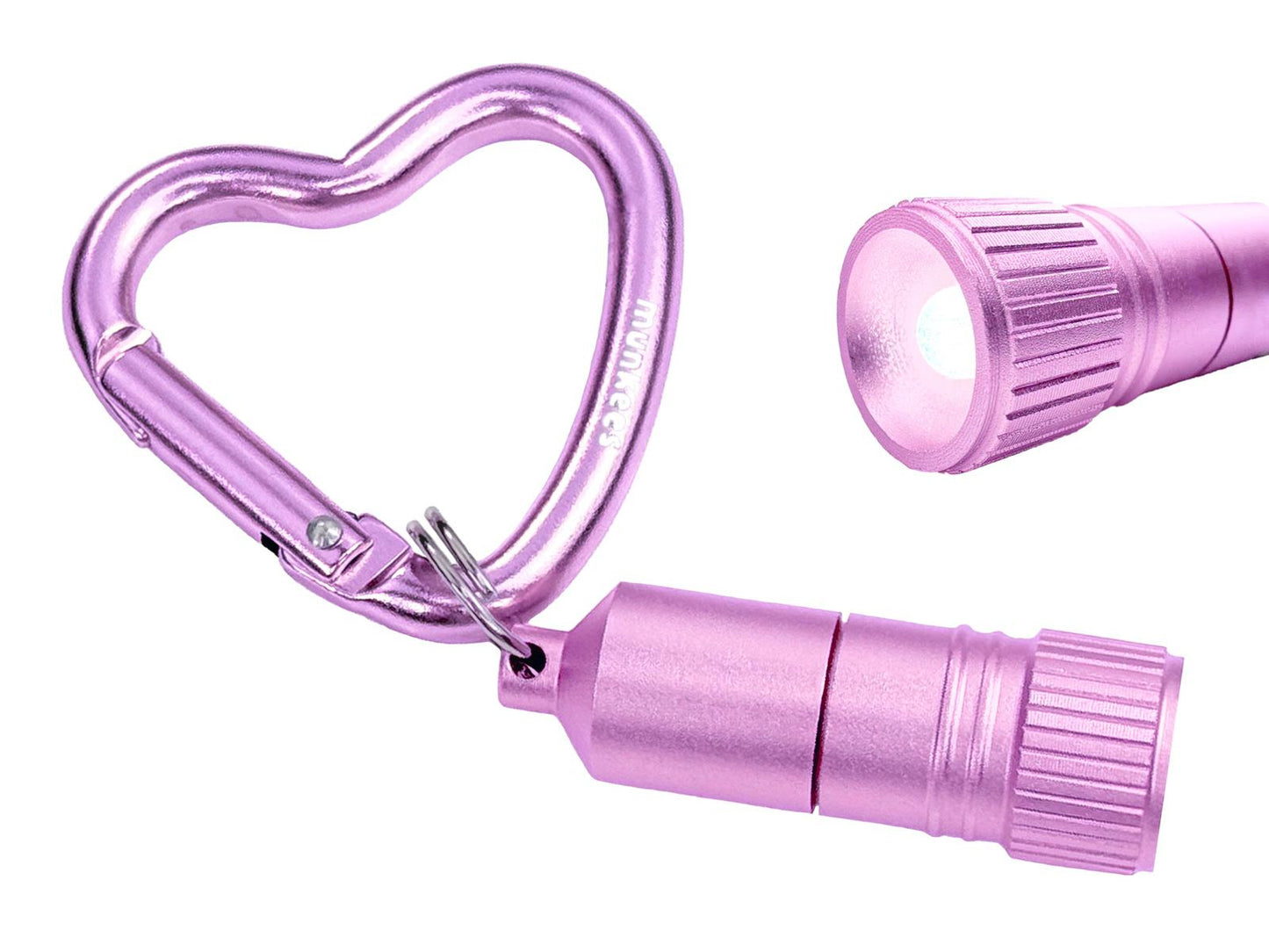 Pinke Mini Taschenlampe munkees mit Herz-Karabiner Seitenansicht