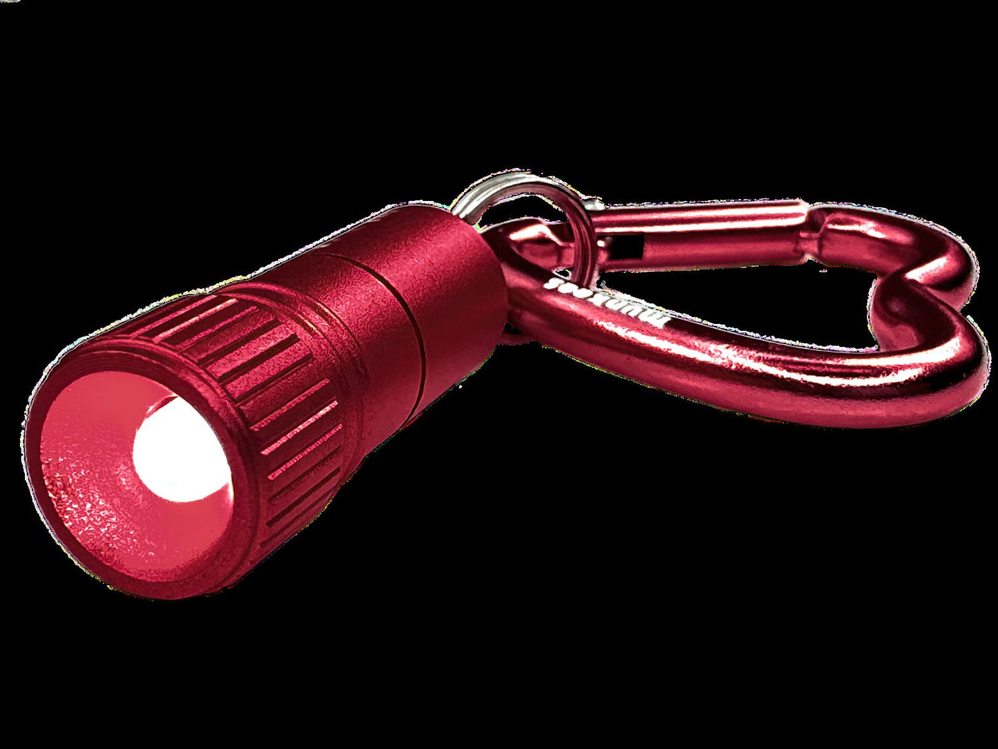 Rückseite der munkees Mini LED Taschenlampe mit rotem Herzkarabiner