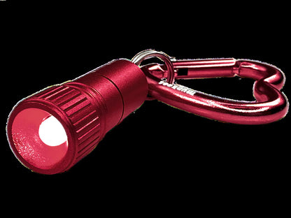 Rückseite der munkees Mini LED Taschenlampe mit rotem Herzkarabiner