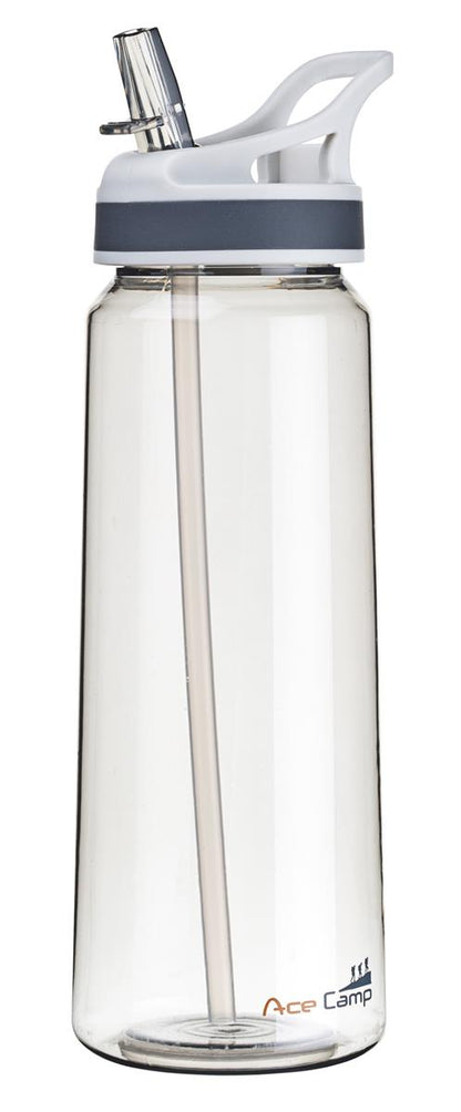 AceCamp TRITAN Trinkflasche mit Trinkhalm auf Wanderrucksack befestigt