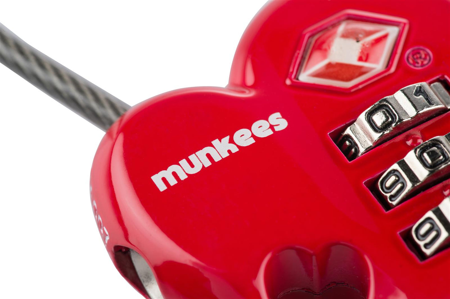 Munkees TSA-Schloss Herzform Verpackung mit Produktbeschreibung auf Rückseite