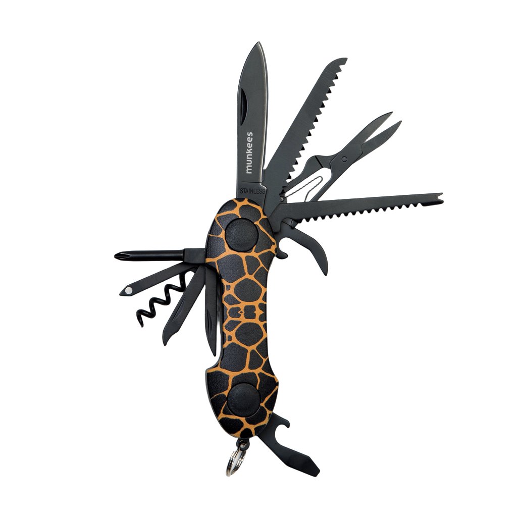 munkees Taschenmesser Giraffe alle 15 Funktionen aufgeklappt im Überblick