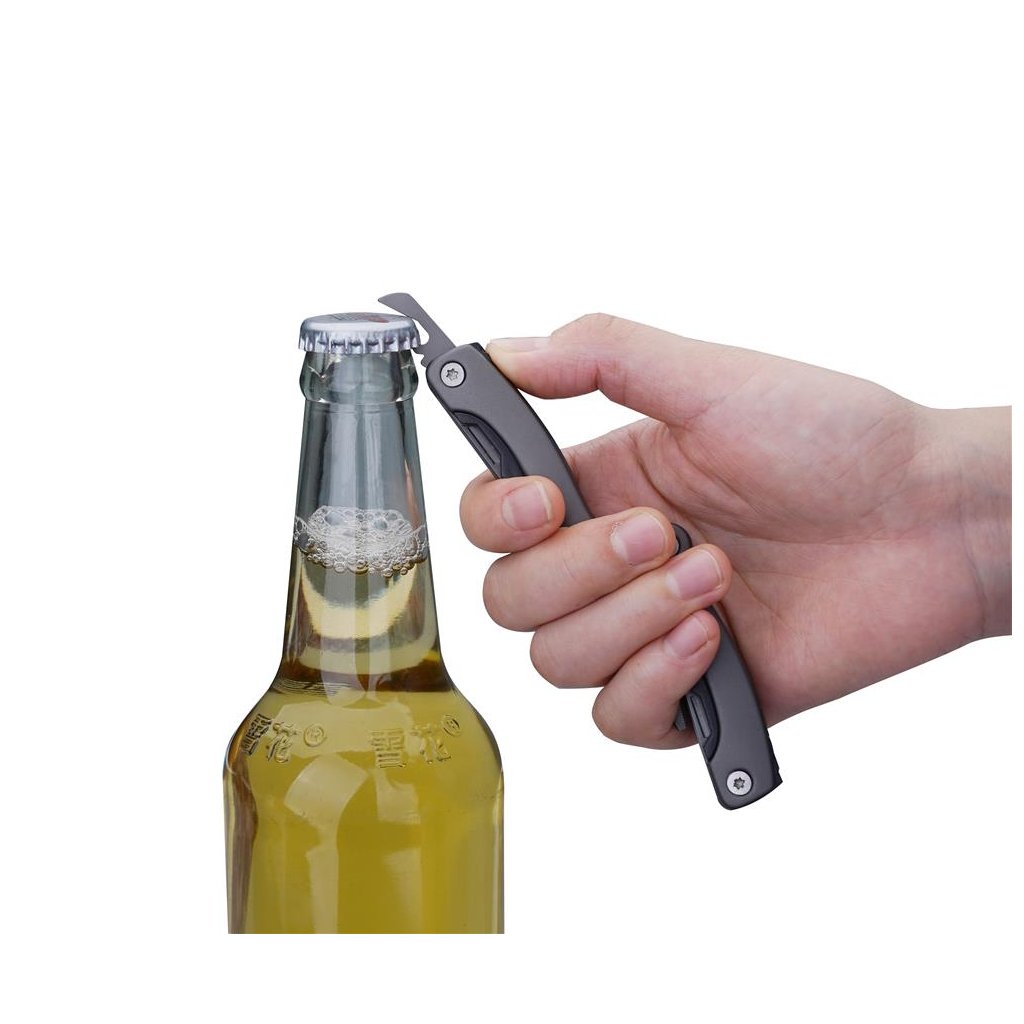 Munkees Multitool 9-in-1 Anthrazit mit Messerklinge und Säge geöffnet