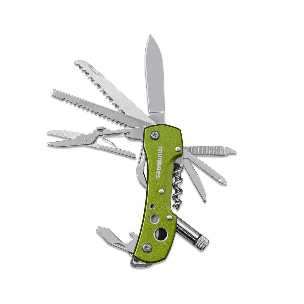 munkees Taschenmesser LED 15-in-1 grün Hauptansicht aufgeklappt alle Funktionen