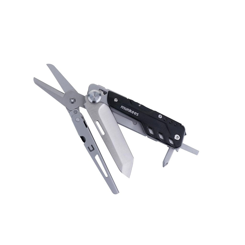munkees Black Line Messer geöffnet mit ausgeklappter Schere Detailansicht