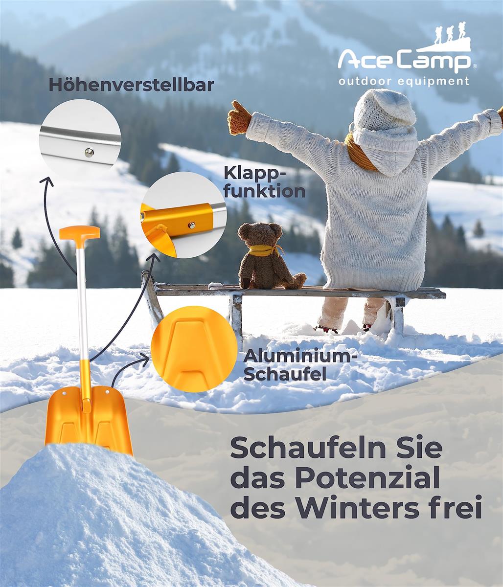Detailansicht des Klapp-Mechanismus der AceCamp Schneeschaufel aus Aluminium
