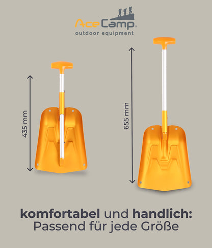 AceCamp faltbare Aluminium-Schneeschaufel im Größenvergleich neben menschlicher Hand