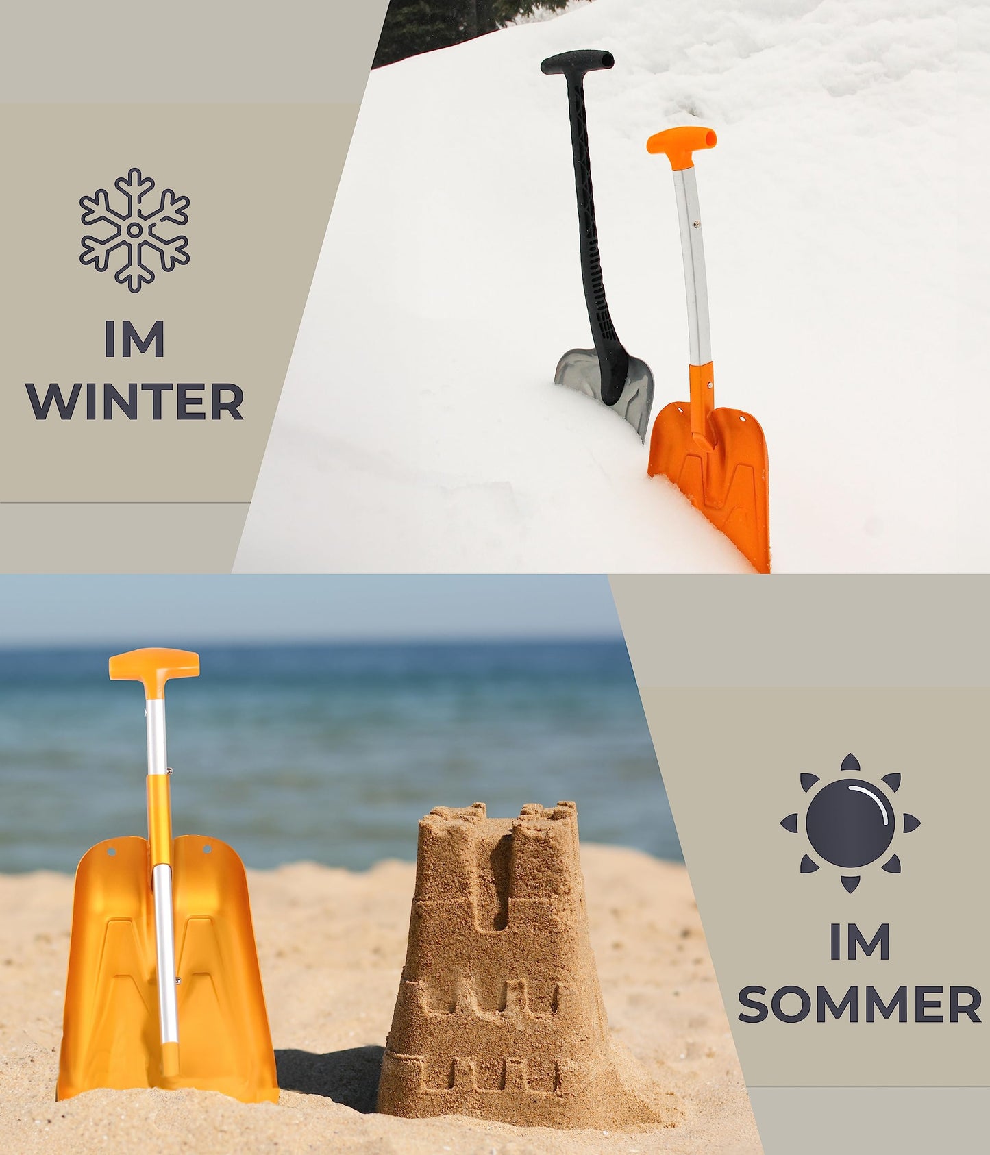 Verpackung der AceCamp faltbaren Schneeschaufel aus Aluminium mit Produktdetails
