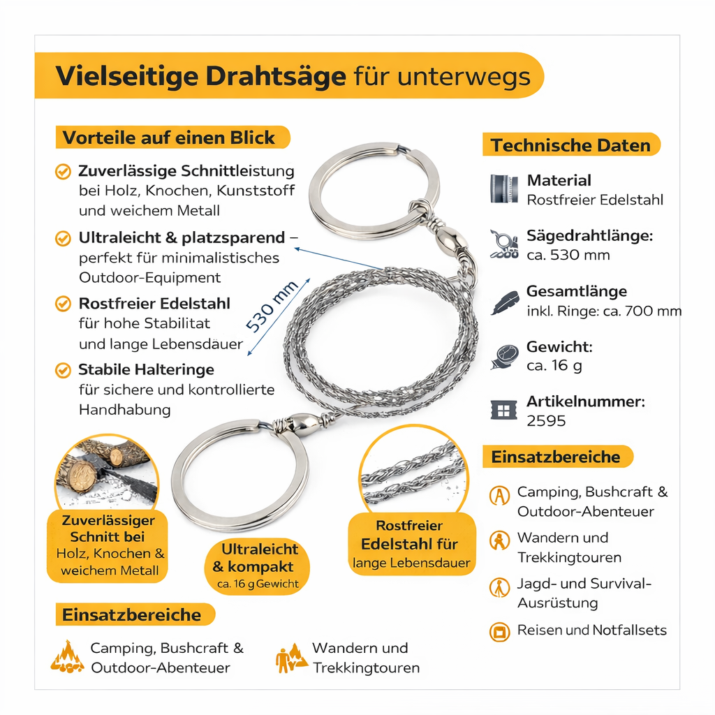 AceCamp Taschendrahtsäge mit Griffschlaufen ausgespannt in der Hand