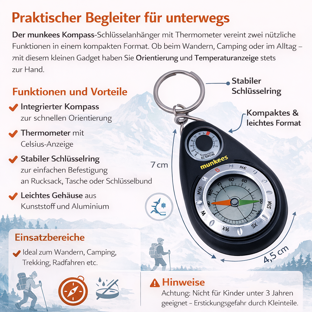 Thermometeranzeige am munkees Kompass-Schlüsselanhänger Nahaufnahme