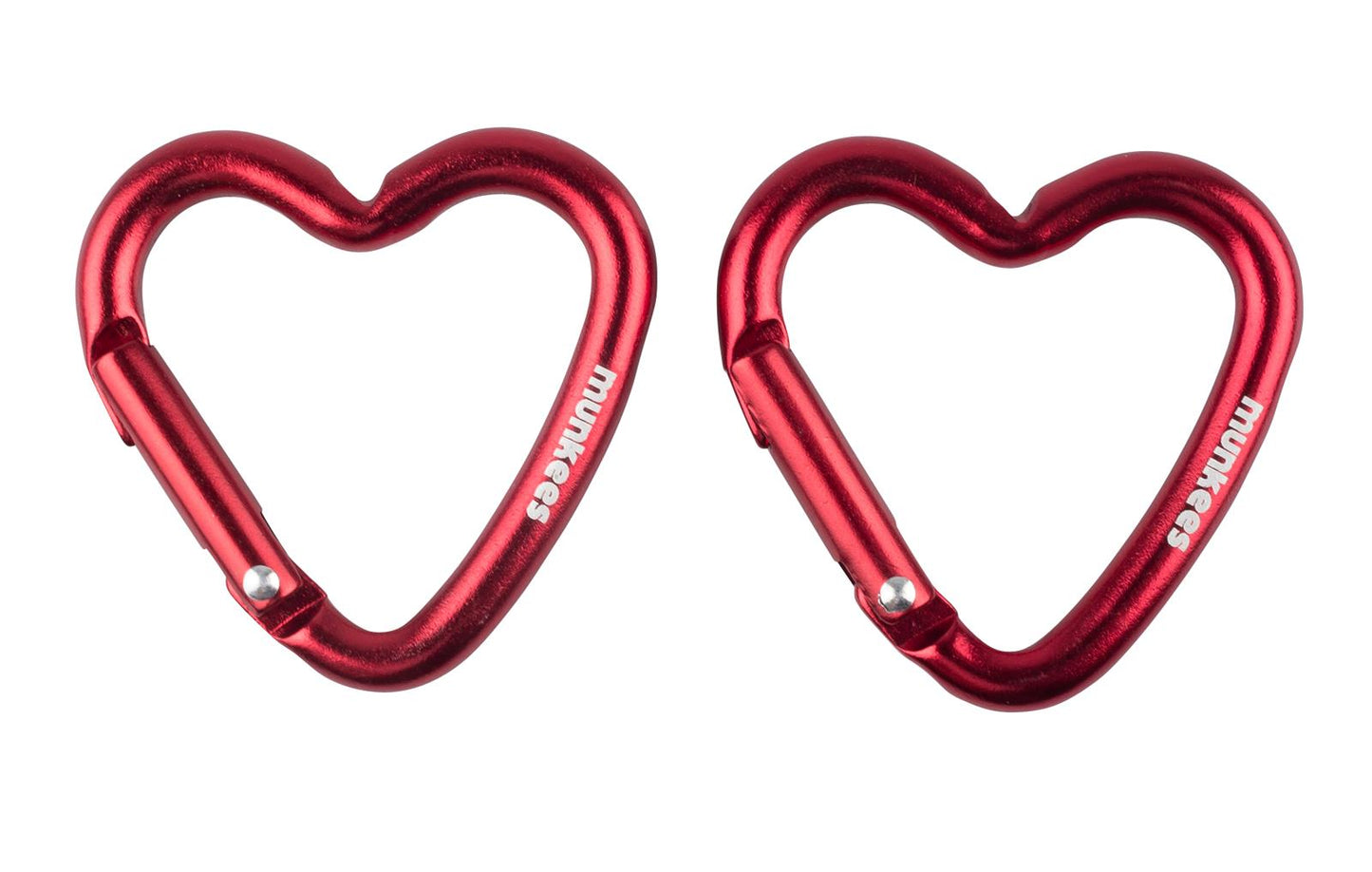 Munkees Mini Herz-Karabiner 2er Pack Rot – zwei rote Herzkarabiner nebeneinander