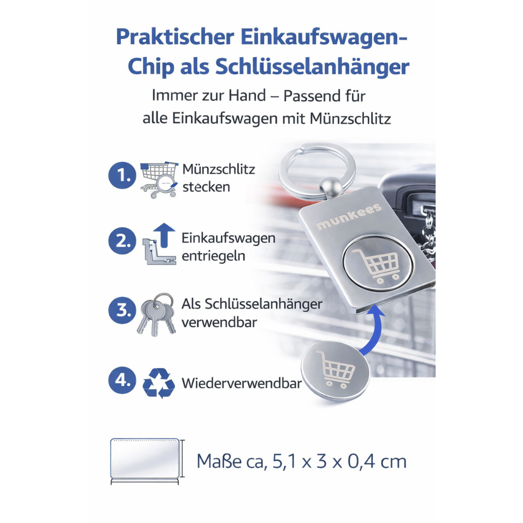 munkees Einkaufswagenchip Schlüsselanhänger an Schlüsselbund befestigt