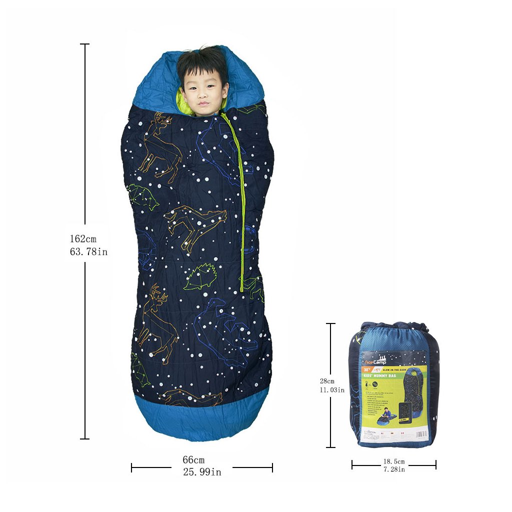 AceCamp Kinderschlafsack leuchtend zusammengerollt mit Aufbewahrungsbeutel