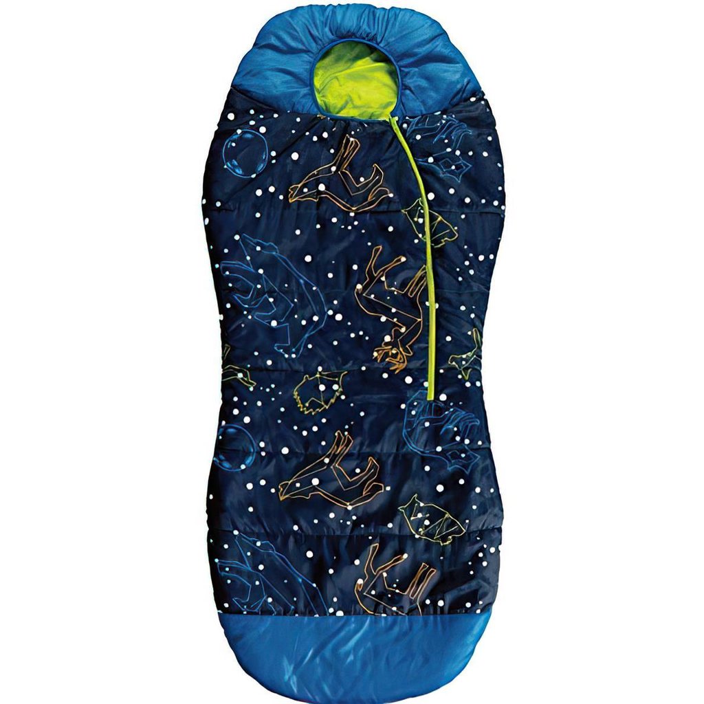AceCamp Kinderschlafsack mit Leuchteffekt Blau – Frontansicht liegend aufgeklappt