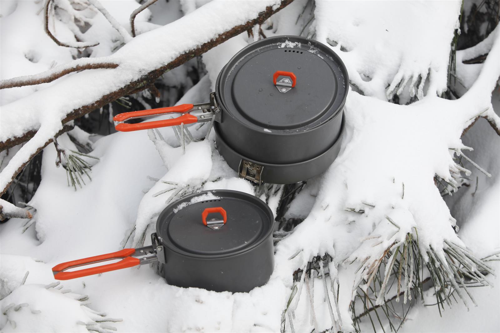 Fire-Maple Feast 3 Orange Kochset mit Griffen und Deckel ausgeklappt