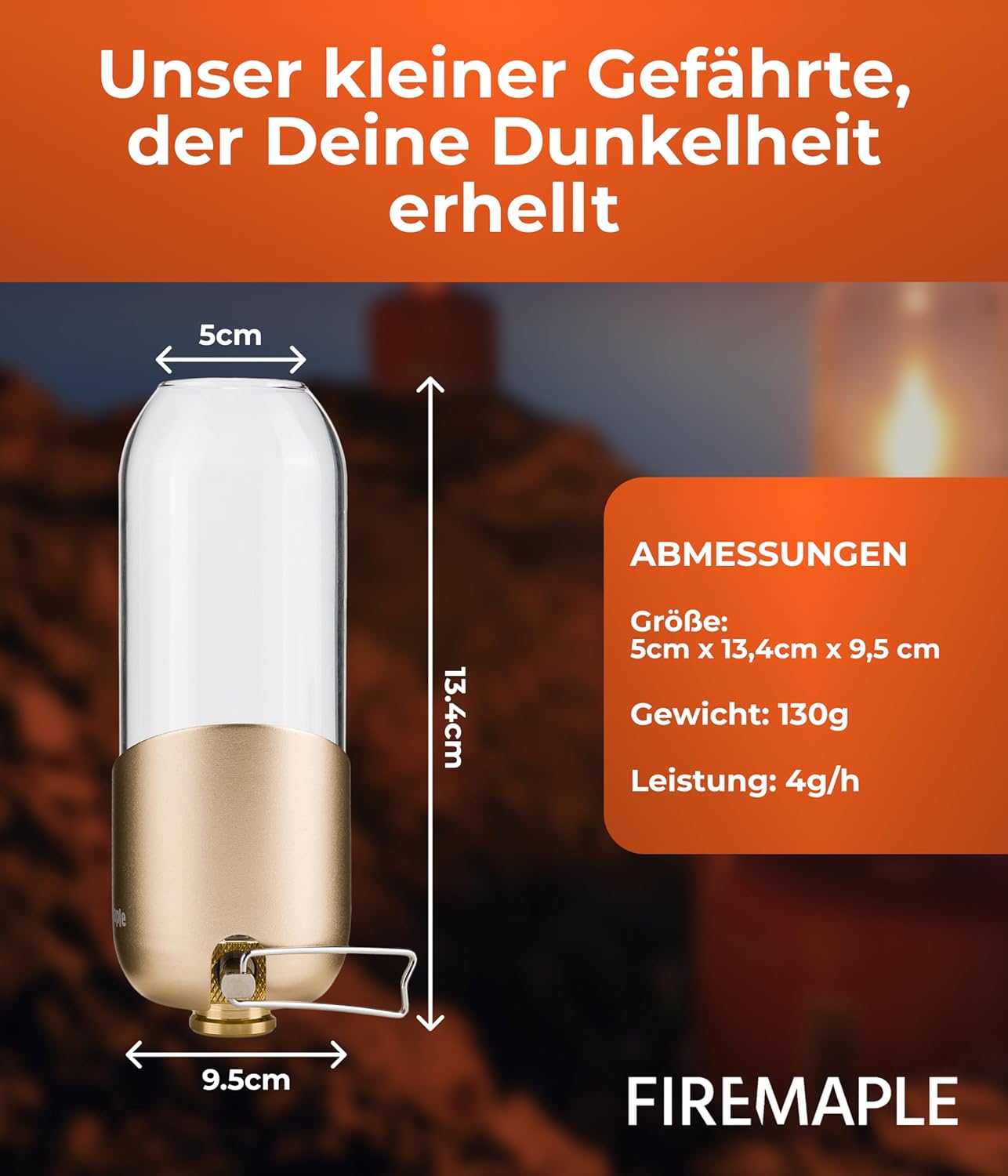 Fire-Maple Gaslaterne Orange Unterseite mit Gasanschluss und Standfuß