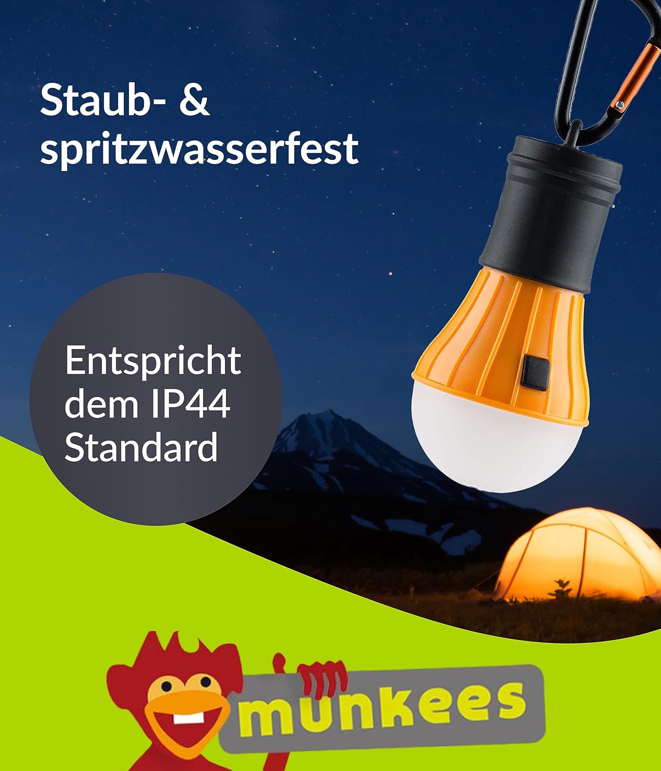 munkees LED Zeltlampe Orange – Verpackungsrückseite mit Produktinformationen