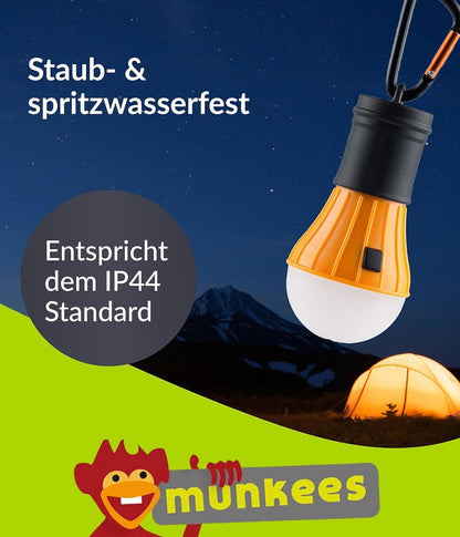 munkees LED Zeltlampe Orange – Verpackungsrückseite mit Produktinformationen