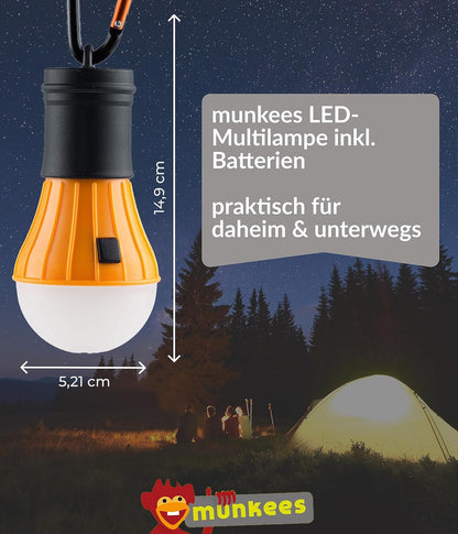 munkees Zeltlampe hängend am Karabiner im aufgebauten Zelt