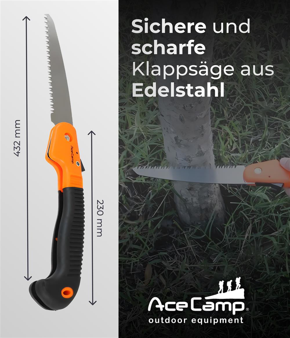 Größenvergleich AceCamp Faltbare Klappsäge neben menschlicher Hand