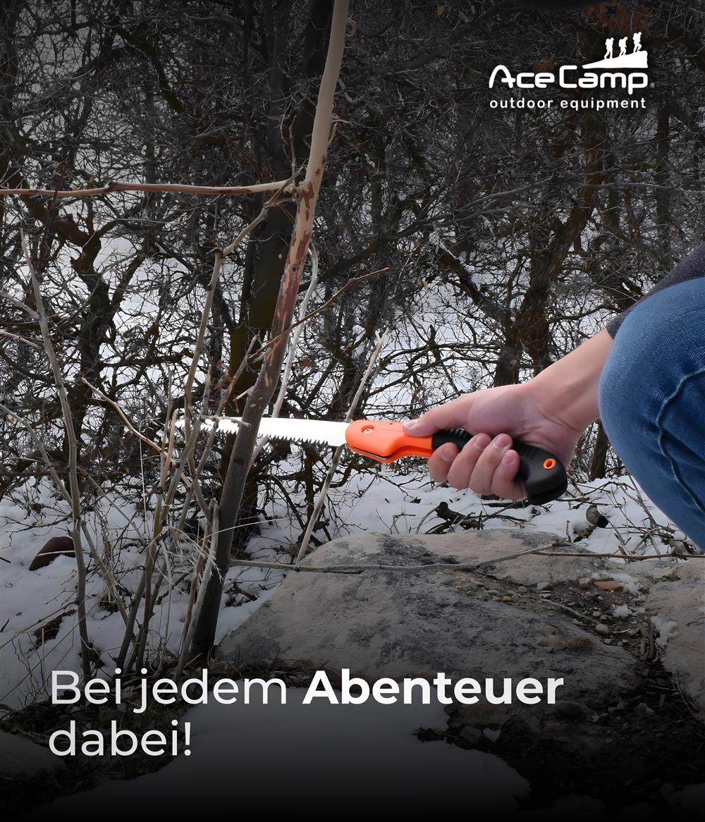 AceCamp Faltbare Klappsäge Griff Nahaufnahme rutschfeste Oberfläche