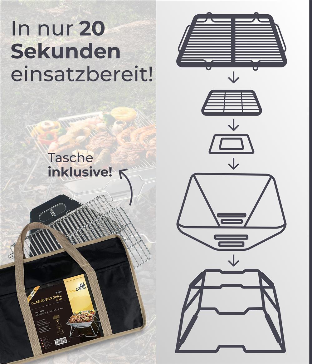 AceCamp Holzkohlegrill To Go Medium zusammengeklappt kompakte Transportgröße