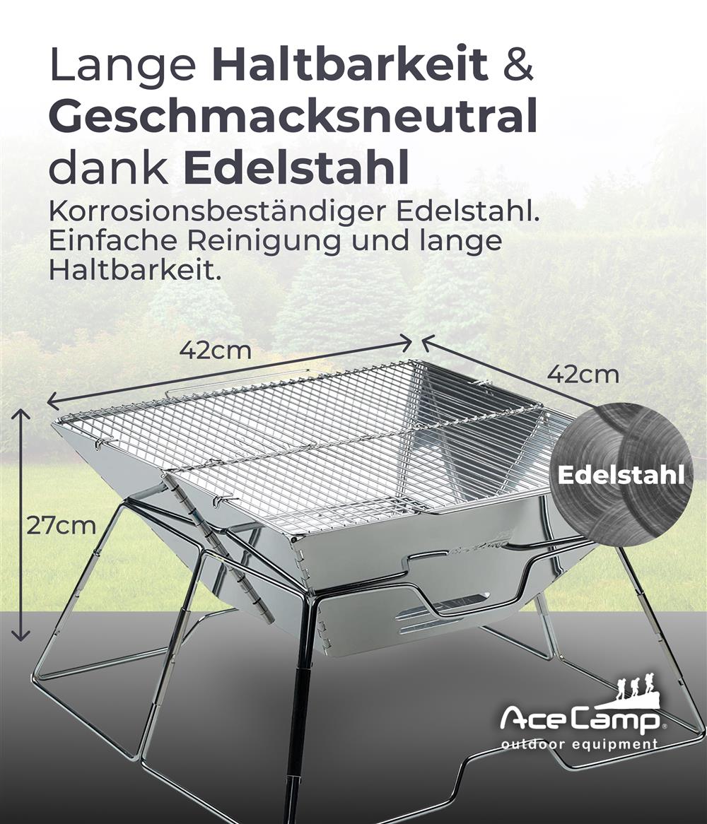 AceCamp Holzkohlegrill To Go Groß geöffnete Lüftungsschlitze seitliche Nahaufnahme