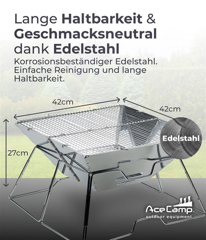 AceCamp Holzkohlegrill To Go Groß geöffnete Lüftungsschlitze seitliche Nahaufnahme