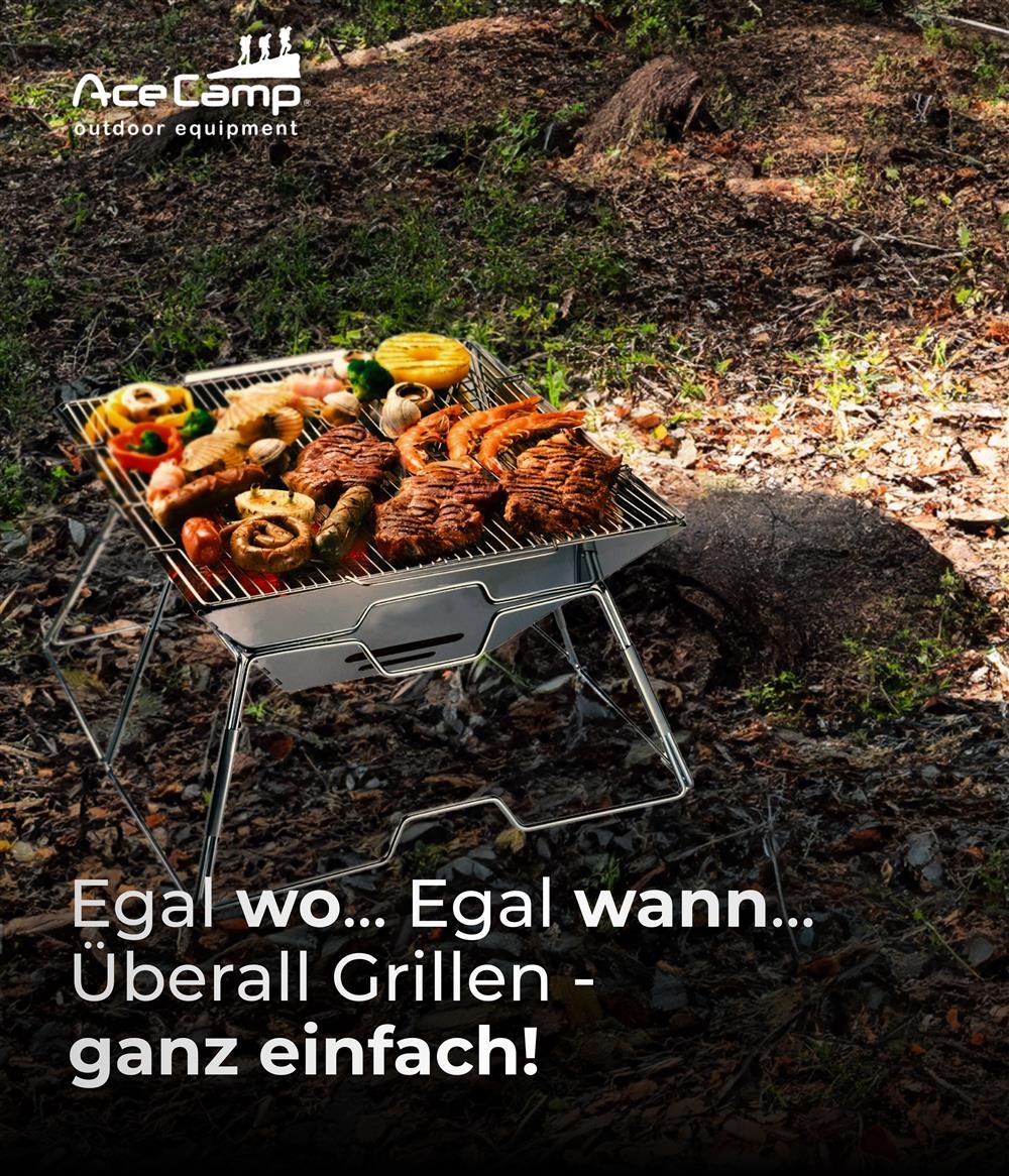 AceCamp Holzkohlegrill To Go Groß mit glühender Holzkohle befüllt einsatzbereit