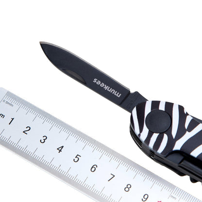 munkees Taschenmesser Zebra 15 Funktionen Übersicht auf weißem Hintergrund