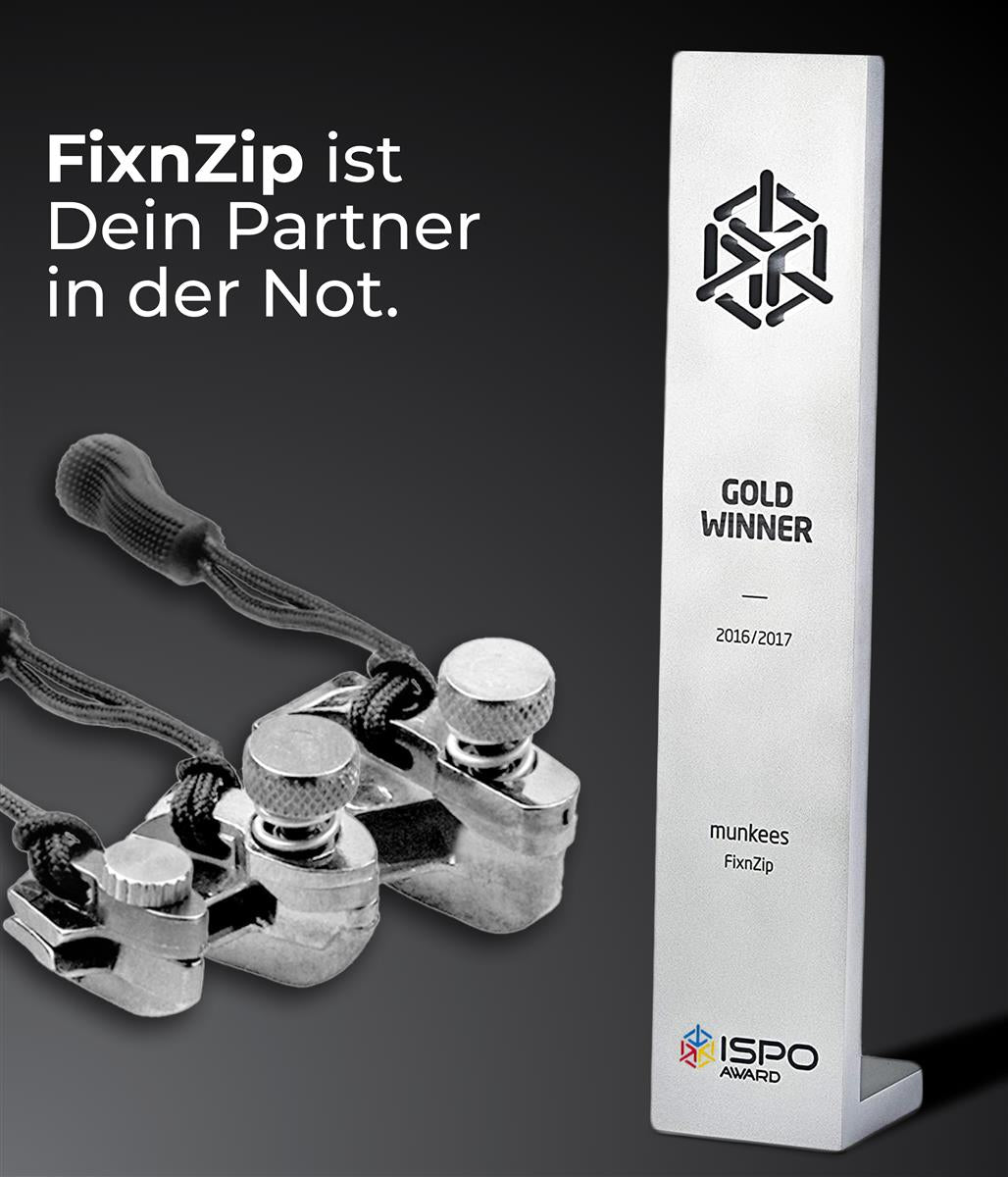 Munkees Fixnzip Reparatur Set Inhalt alle Teile ausgebreitet auf weißem Hintergrund