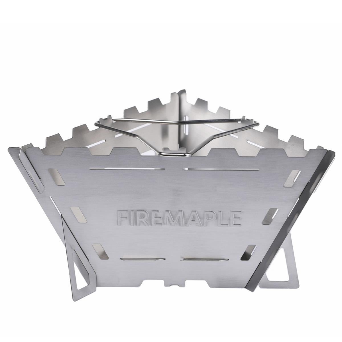 Maverick Holzgrill Triangle faltbar aufgebaut mit Grillrost über Feuer