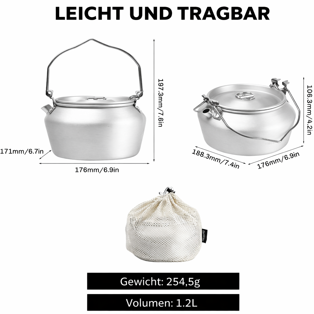 Gewichtsangabe und Maße des Nimbus Aluminium Kessels 1,2 L