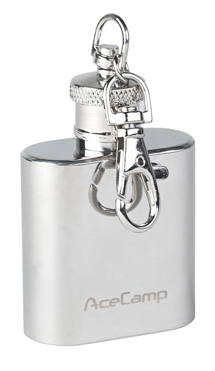 AceCamp Edelstahl Schlüsselanhänger Flachmann 30 ml Frontansicht silber