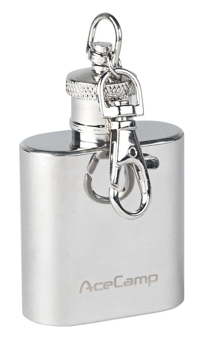 AceCamp Edelstahl Schlüsselanhänger Flachmann 30 ml Frontansicht silber