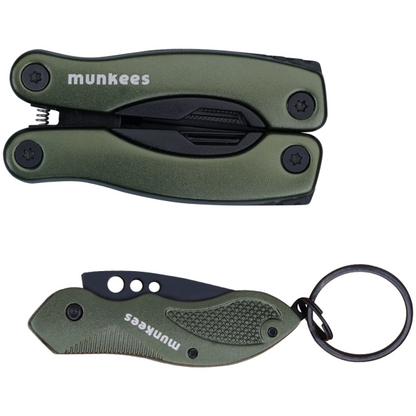 Munkees Multi Duo Olive aufgeklappt mit sichtbaren Multitools und Funktionen