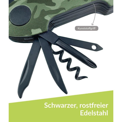 munkees Taschenmesser Camouflage Klinge und Werkzeuge Nahaufnahme